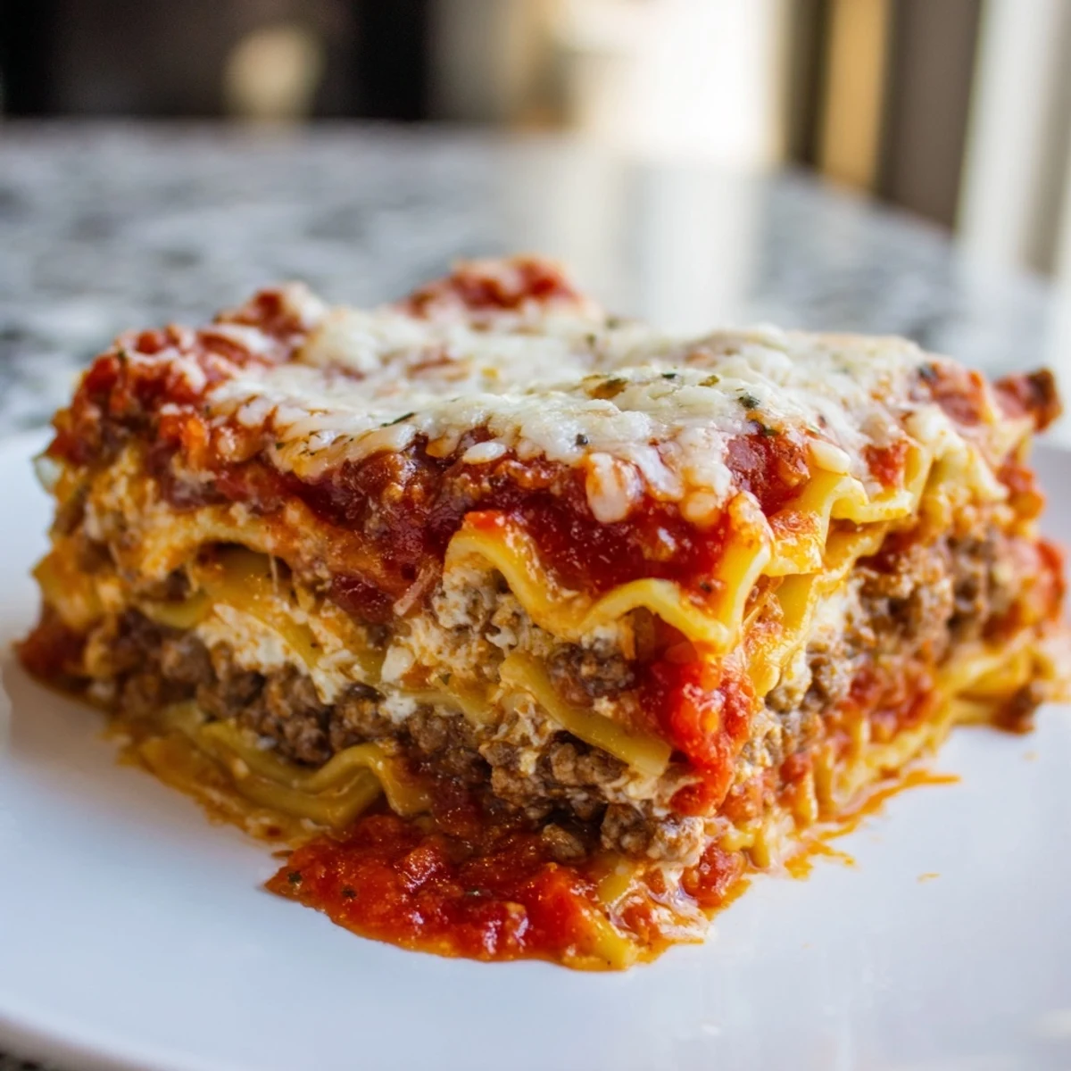 A plated slice of Classic Beef Lasagna shows rich meat sauce, ricotta, and melted cheese on a rustic table.