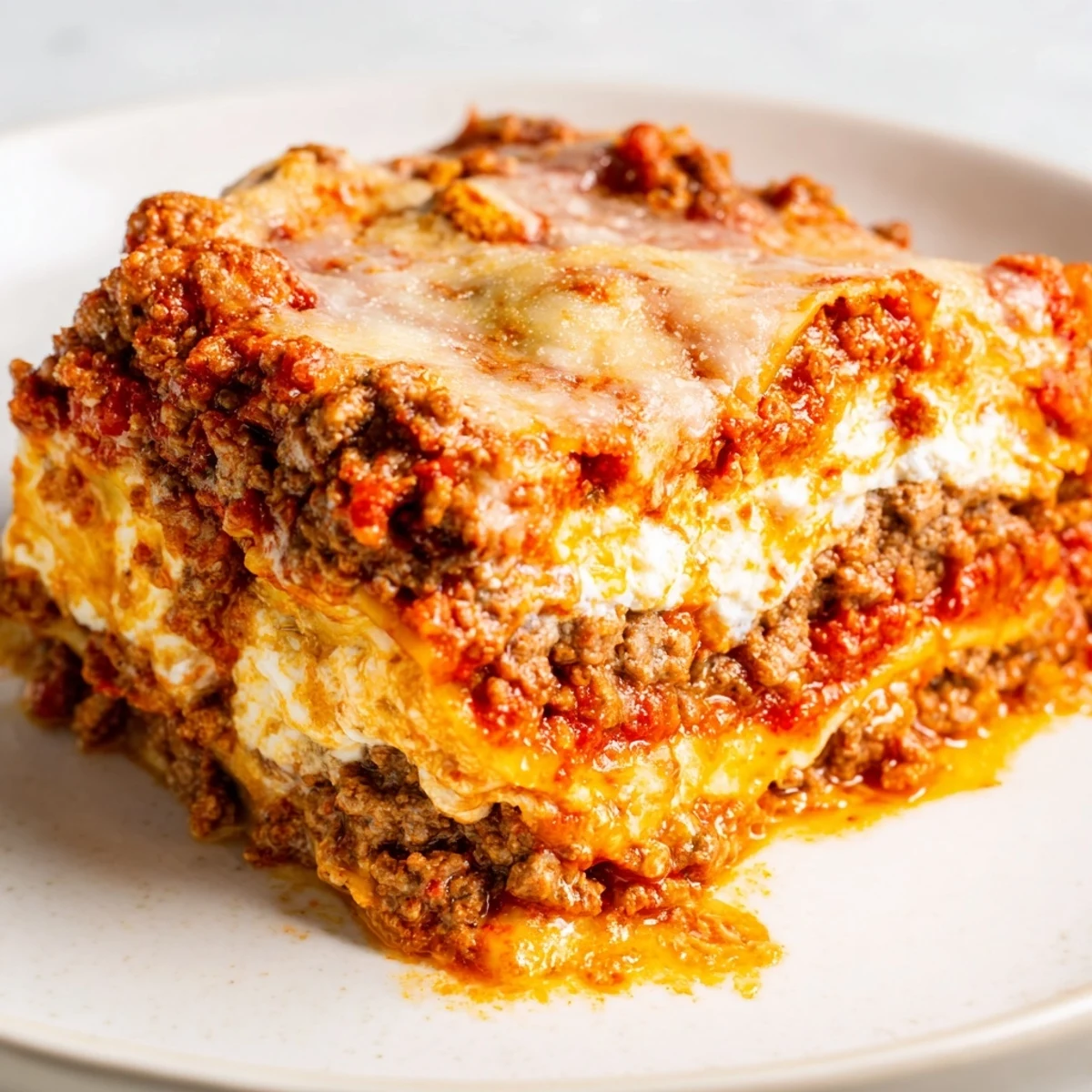 Close-up on Classic Beef Lasagna with golden cheese crust, served alongside a crisp green salad for dinner.
