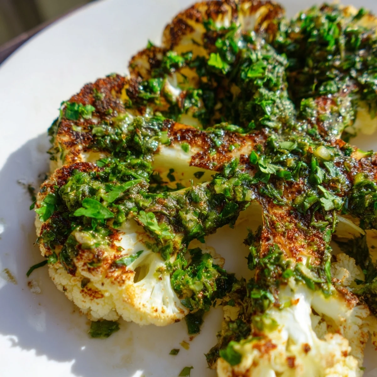 Golden-brown roasted cauliflower steaks with chimichurri sauce on a rustic white plate.