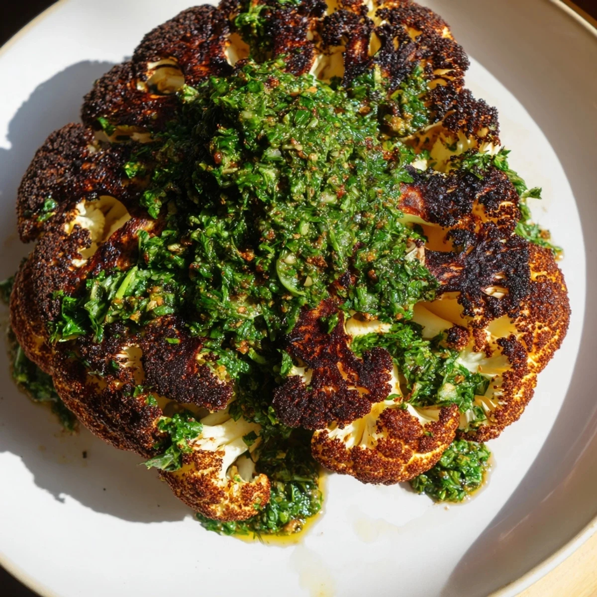 Juicy, tender cauliflower steaks served hot with a zesty, homemade chimichurri sauce.