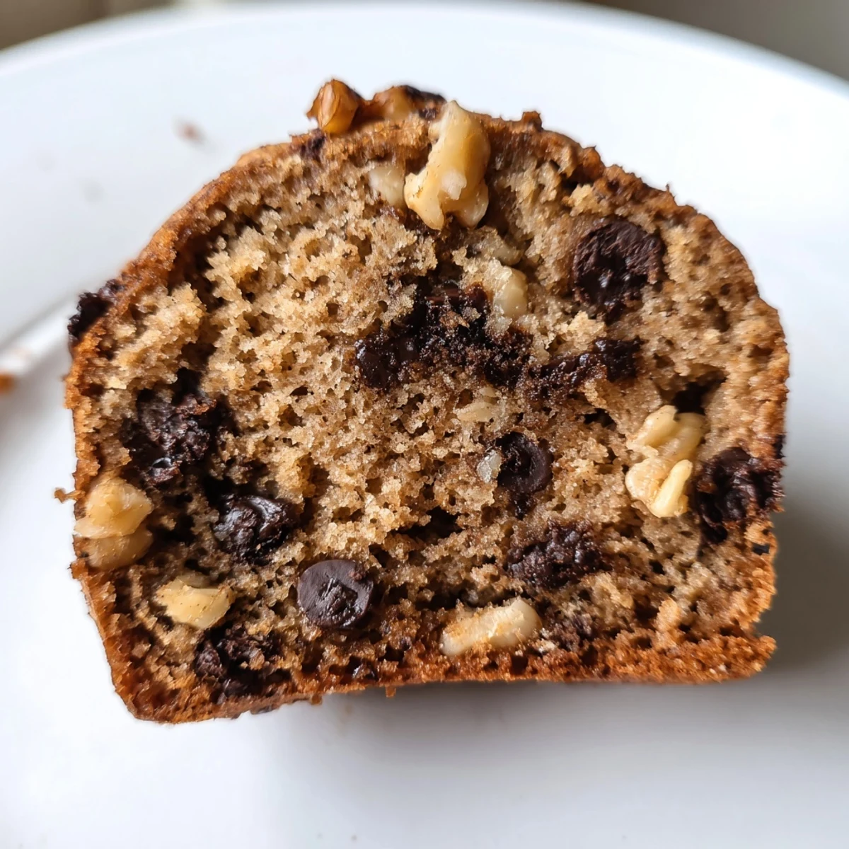 Freshly baked Chocolate Chip Banana Bread Muffins with Walnuts displayed on a wire cooling rack.
