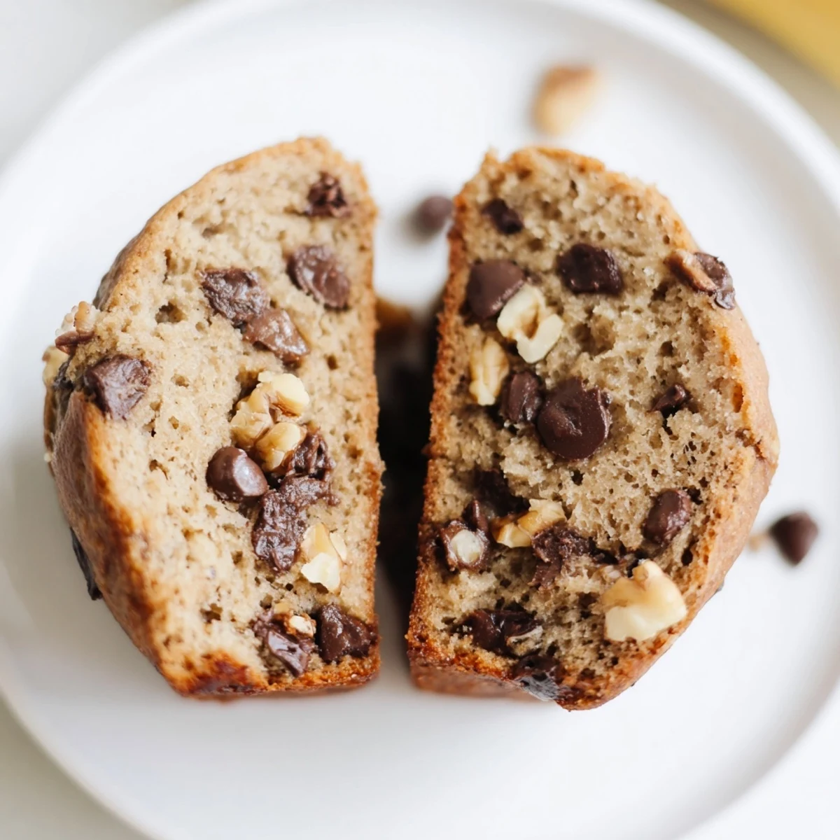 A close-up view of a split Chocolate Chip Banana Bread Muffin with Walnuts revealing a moist crumb interior.