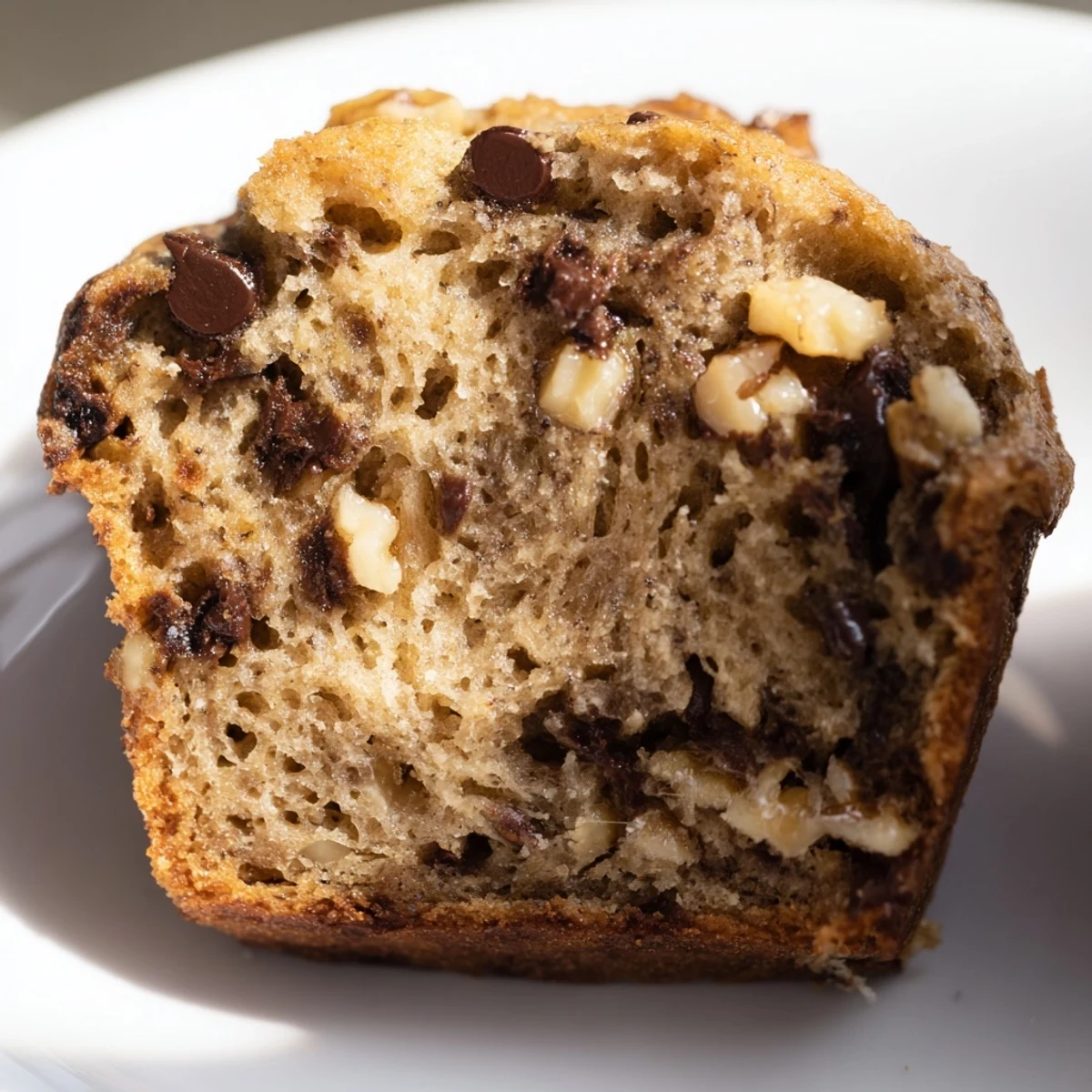 Golden brown Chocolate Chip Banana Bread Muffins with Walnuts on a marble countertop, topped with chocolate chips.