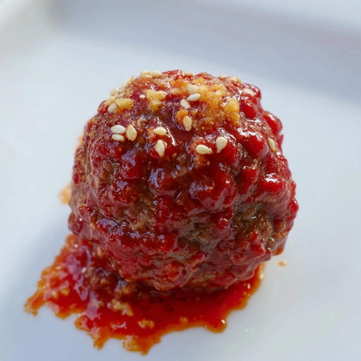 Golden-brown Spicy Sriracha Beef Meatballs with Sesame Seeds glisten with glaze on a platter next to sliced green onions.