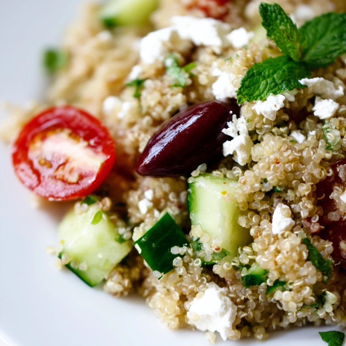 Bright Mediterranean Quinoa Salad with Cucumber and Feta served in a white bowl, topped with fresh parsley and mint.