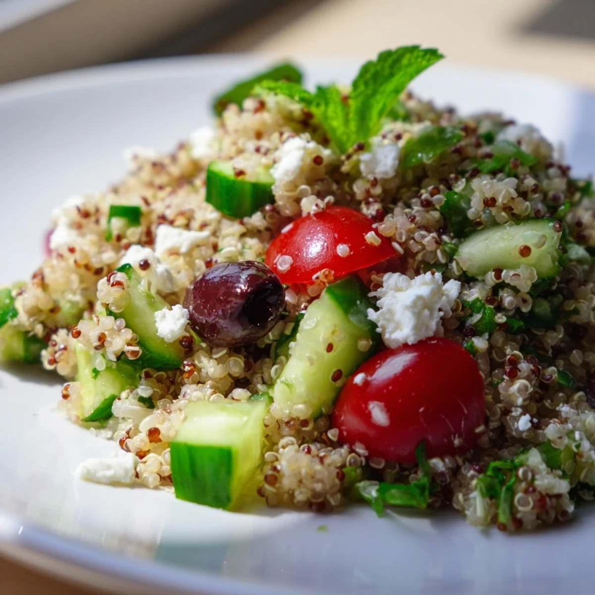 Freshly tossed Mediterranean Quinoa Salad with Cucumber and Feta, featuring juicy tomatoes, Kalamata olives, and a lemony herb dressing.
