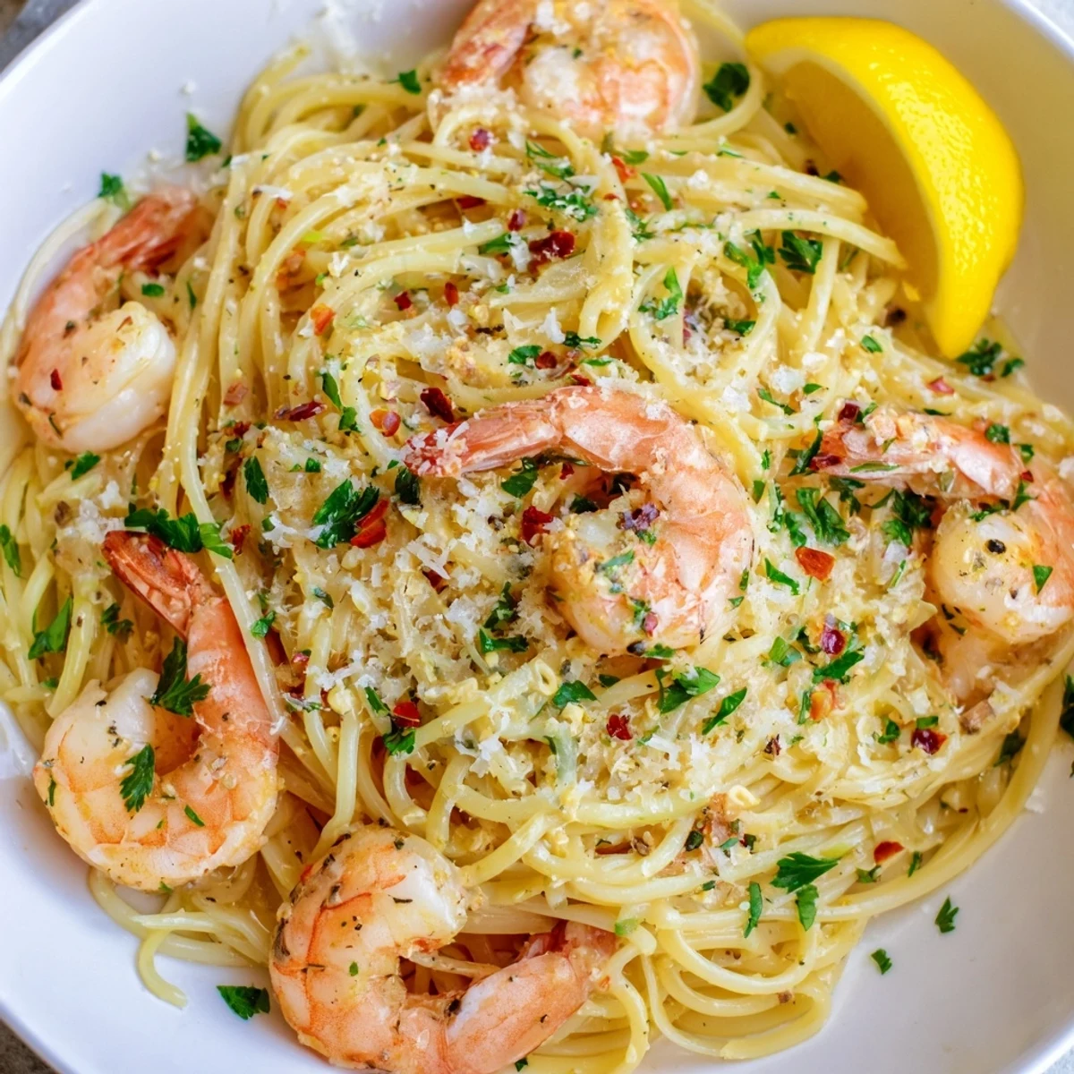 Sizzling skillet of Lemon Garlic Butter Shrimp Scampi over Linguine with aromatic garlic, red pepper flakes, and fresh parsley.