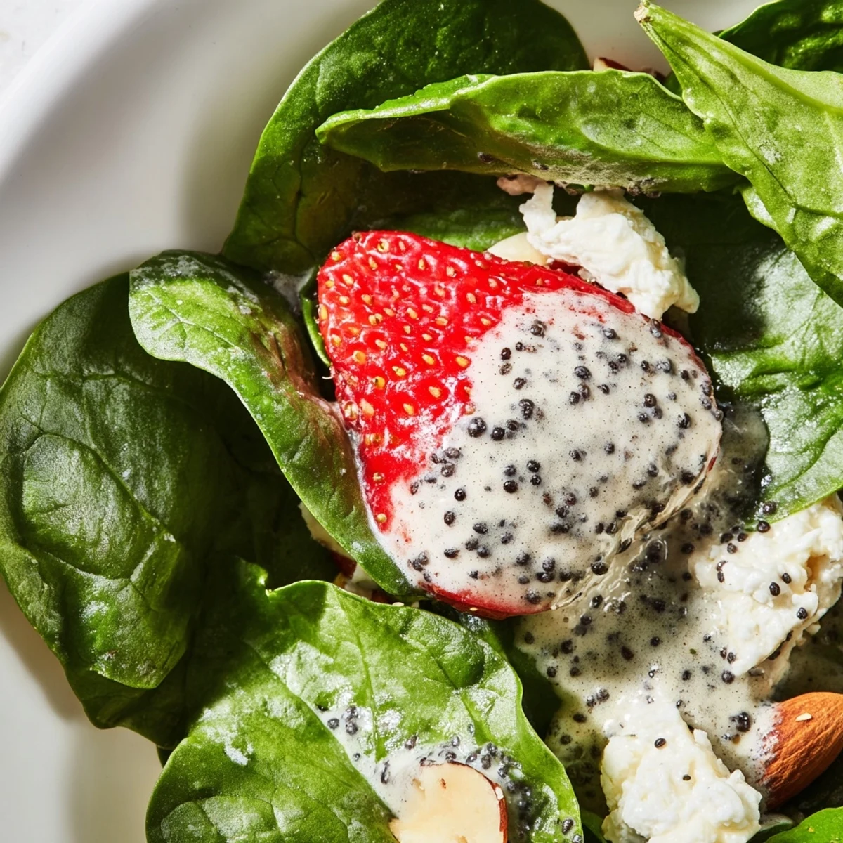 Strawberry Spinach Salad with Poppy Seed Dressing tossed gently and drizzled with creamy homemade dressing.