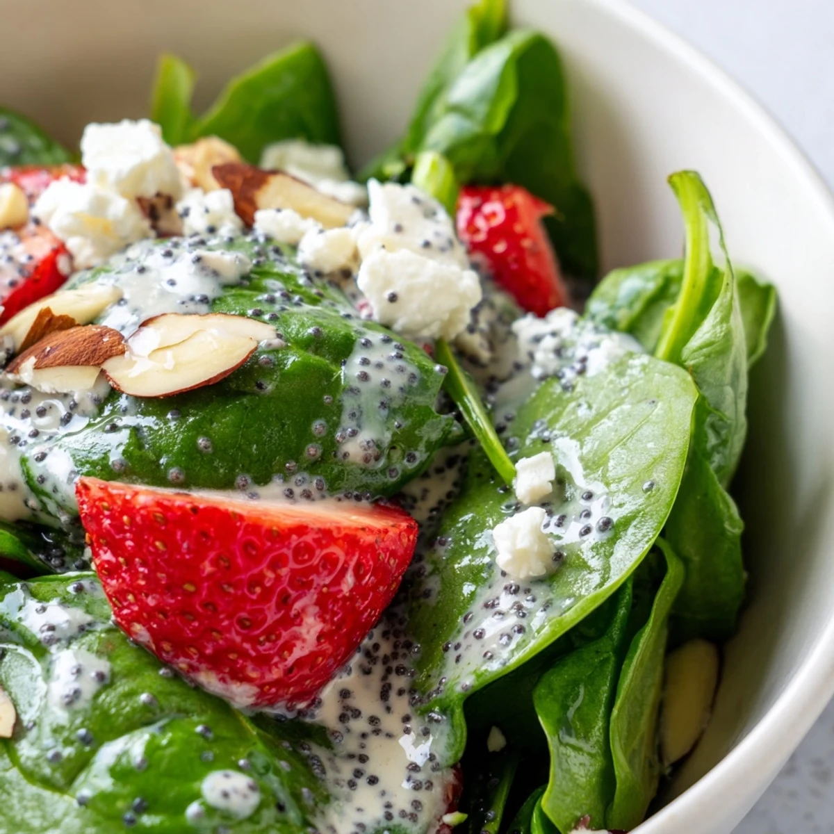 Colorful serving of Strawberry Spinach Salad with red onion, cranberries, and poppy seed dressing on a white plate.