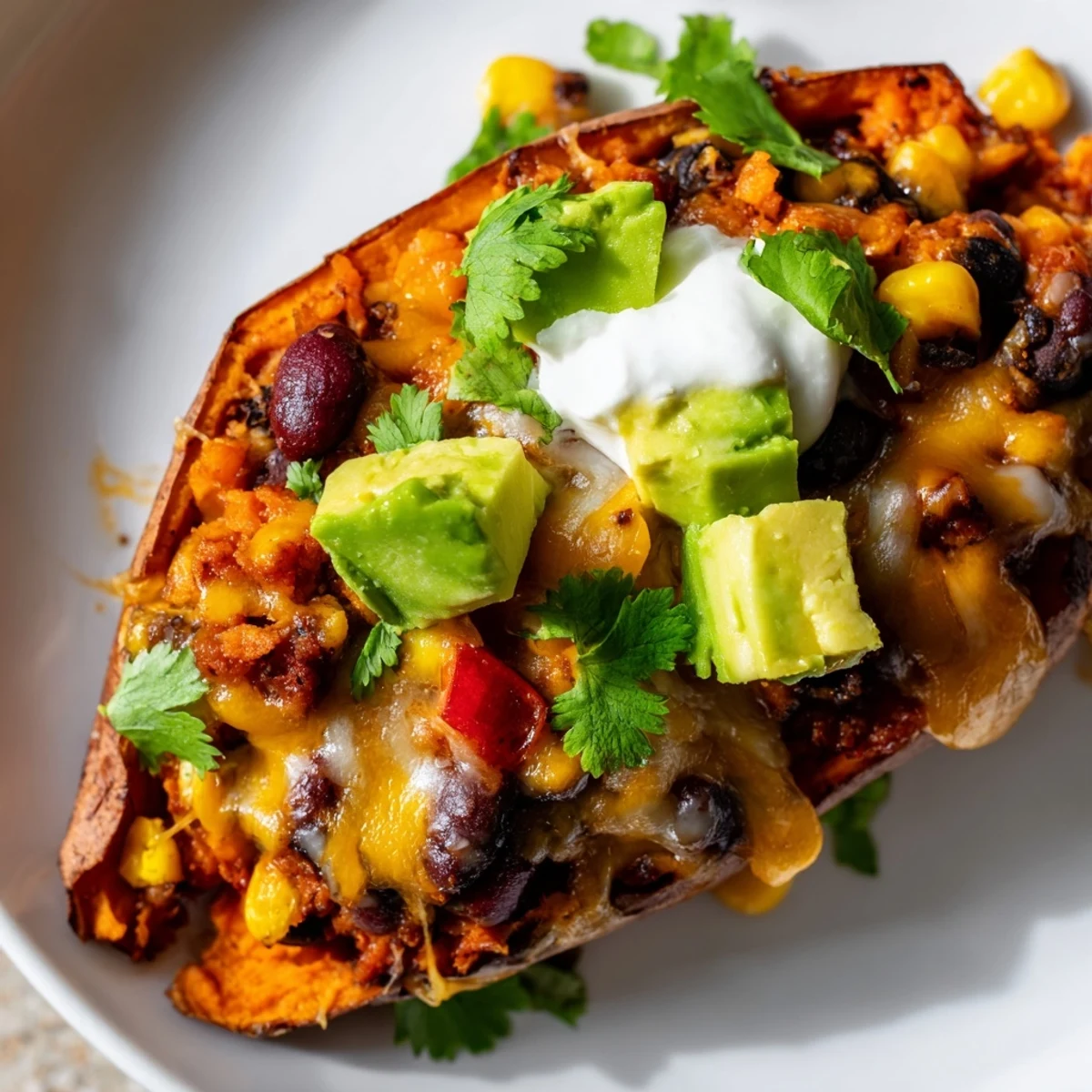 Spoonfuls of savory black beans and corn fill crispy sweet potato skins, garnished with avocado and a dollop of sour cream.