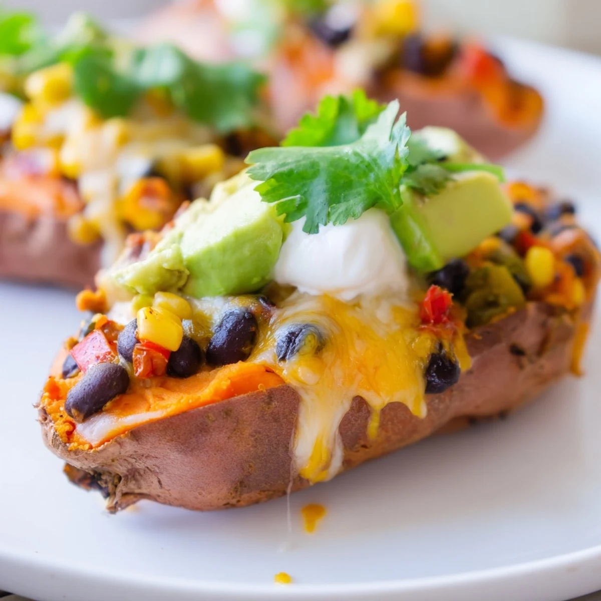Golden-brown Loaded Sweet Potato Skins with Black Beans, baked and topped with melted cheese and fresh cilantro.