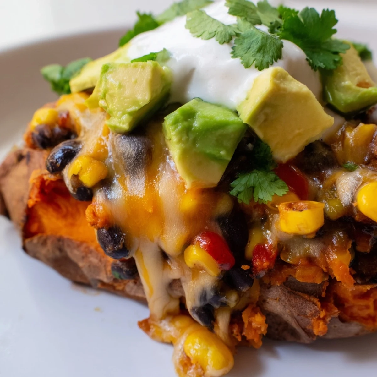 Vibrant vegetarian Loaded Sweet Potato Skins with Black Beans, finished with cilantro, green onions, and lime wedges on the side.