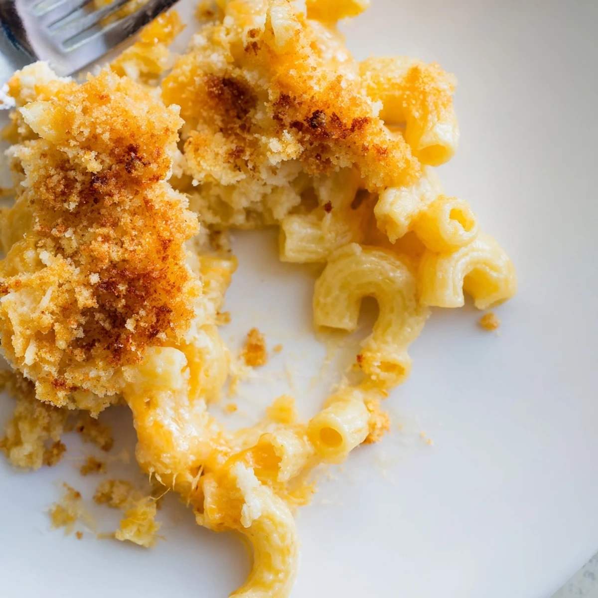 A close-up of Baked Macaroni and Cheese with Breadcrumb Topping, bubbling with creamy cheddar sauce and a golden crust.