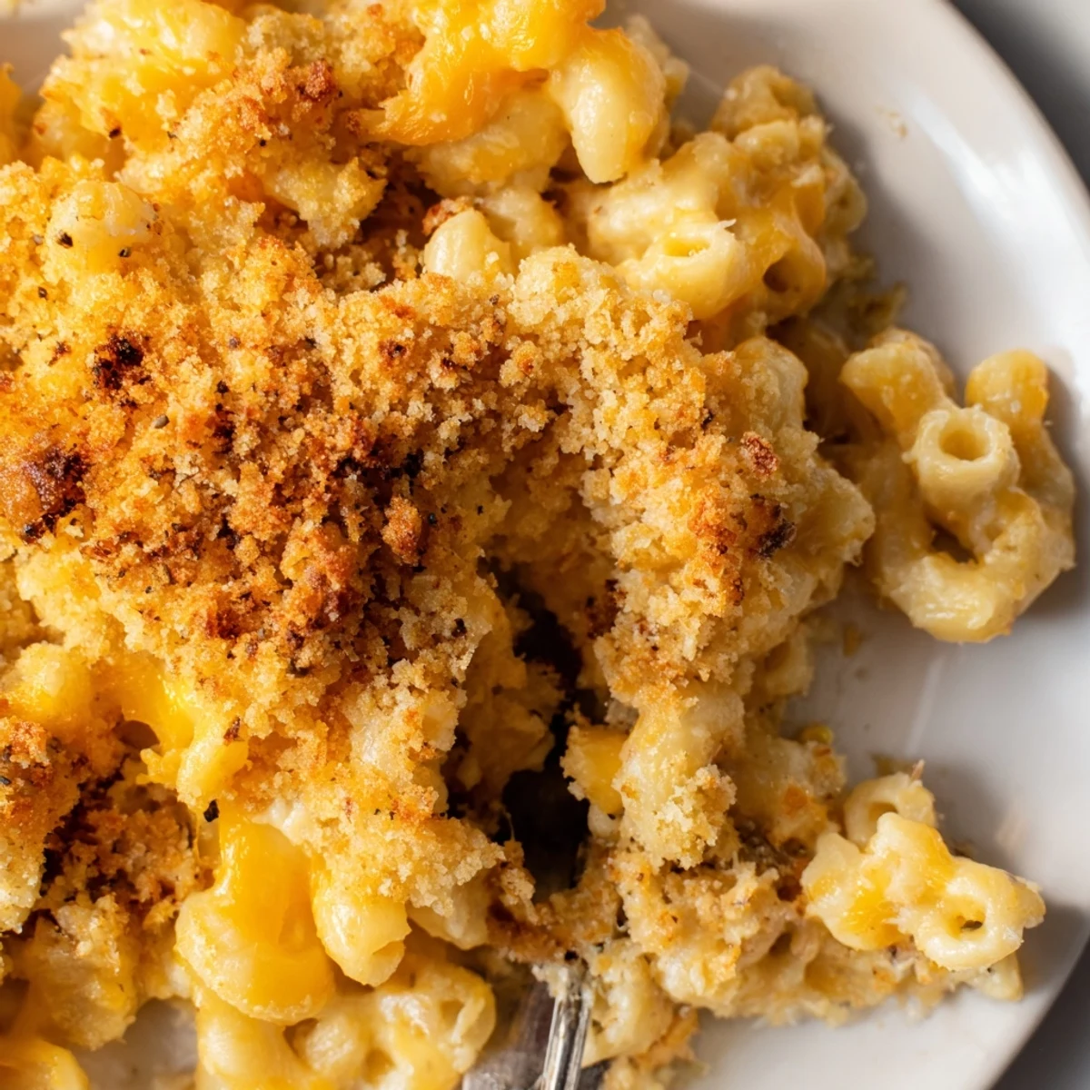 Golden brown Baked Macaroni and Cheese with Breadcrumb Topping is scooped from a casserole dish, revealing a rich, velvety interior.