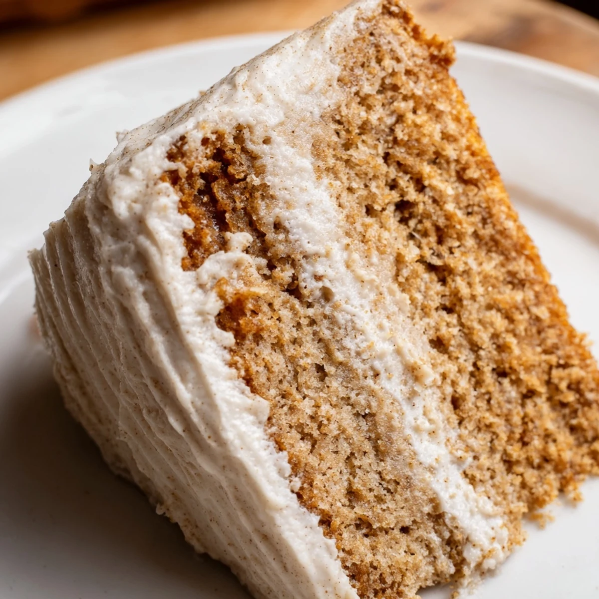 A close-up of a Spiced Chai Latte Cake slice showing layers of moist cake and fluffy cream cheese frosting with a dusting of cinnamon.