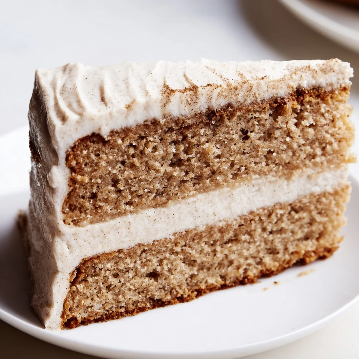 Freshly baked Spiced Chai Latte Cake with cream cheese frosting on a plate, perfect for a cozy tea party dessert.