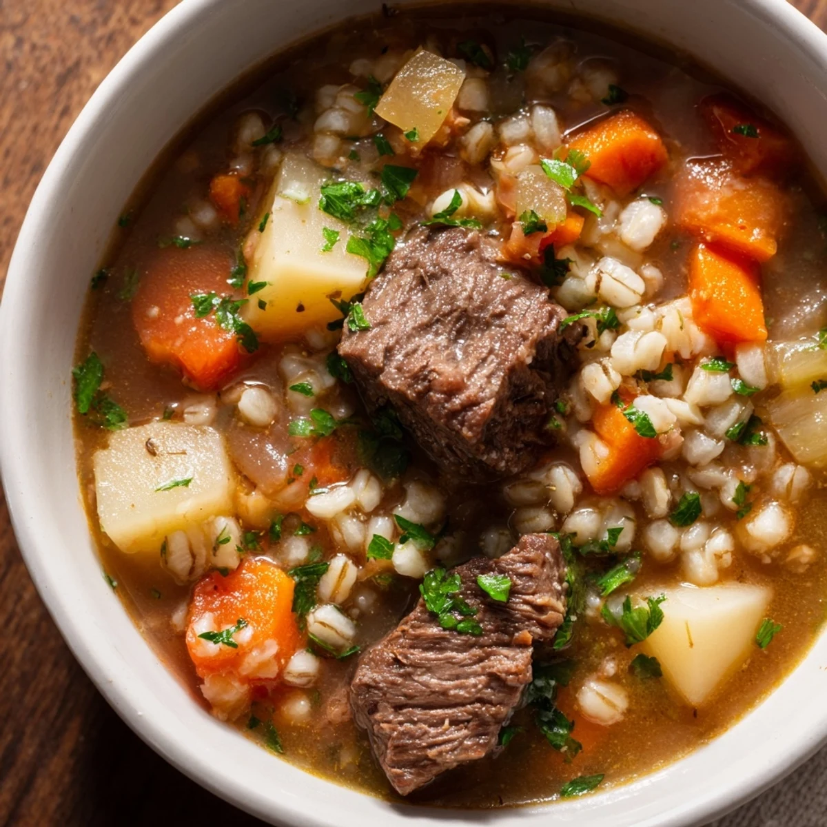 Steaming bowl of Hearty Beef and Vegetable Barley Stew garnished with fresh parsley, served alongside crusty bread.