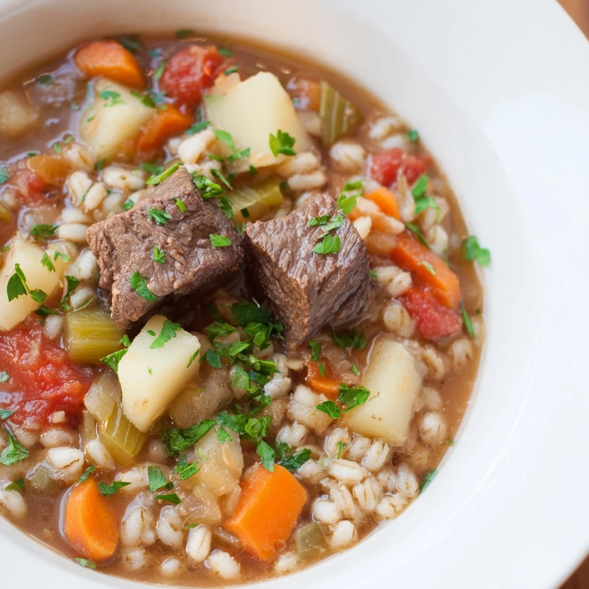 Close-up on rich Hearty Beef and Vegetable Barley Stew with diced potatoes, carrots, and green beans in a savory broth.