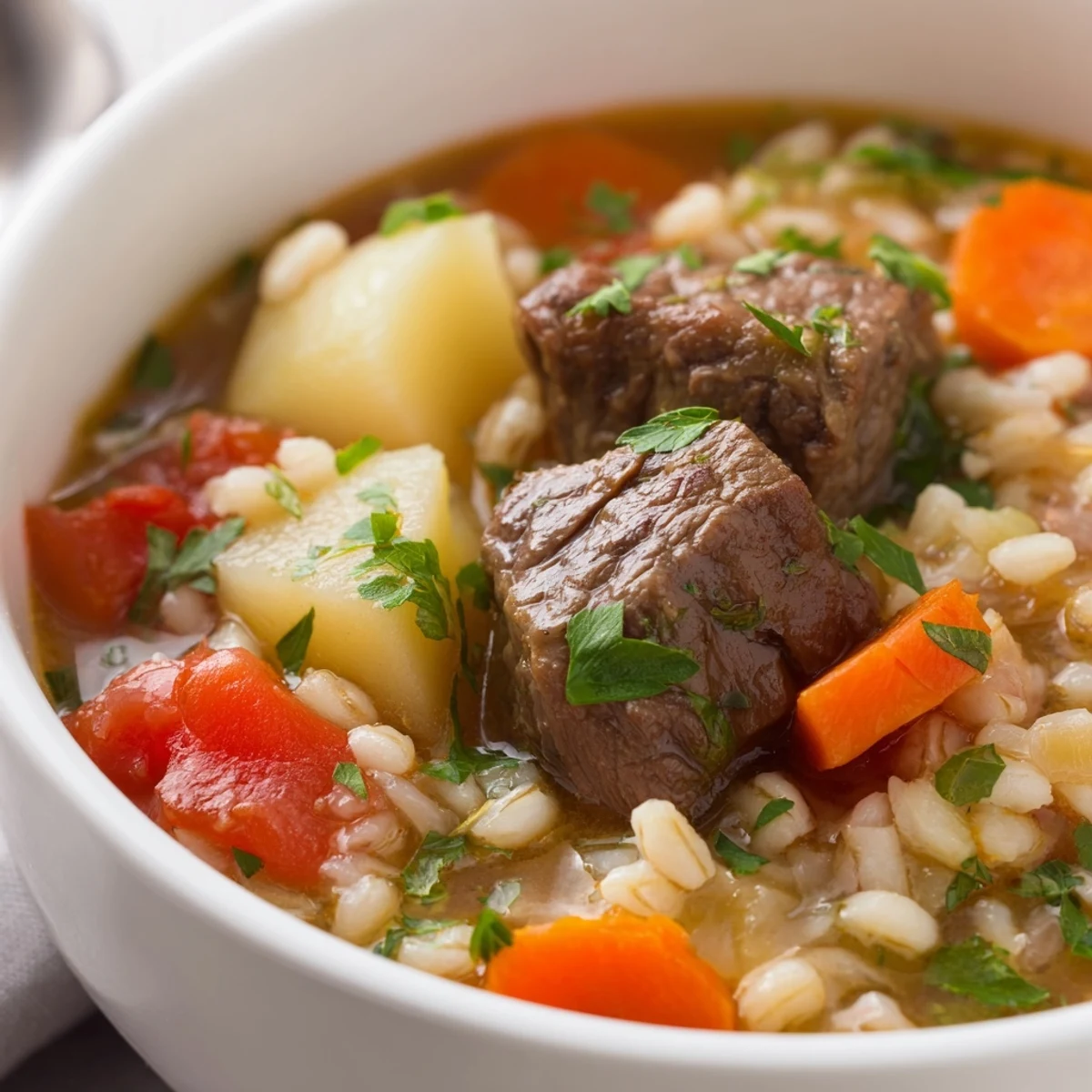 A rustic Dutch oven pot of Hearty Beef and Vegetable Barley Stew featuring tender chunks of beef and vibrant garden vegetables.