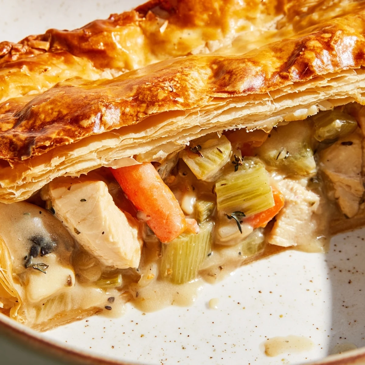 Freshly baked Savory Chicken and Leek Pie with a golden puff pastry crust, served warm alongside creamy mashed potatoes and fresh parsley.