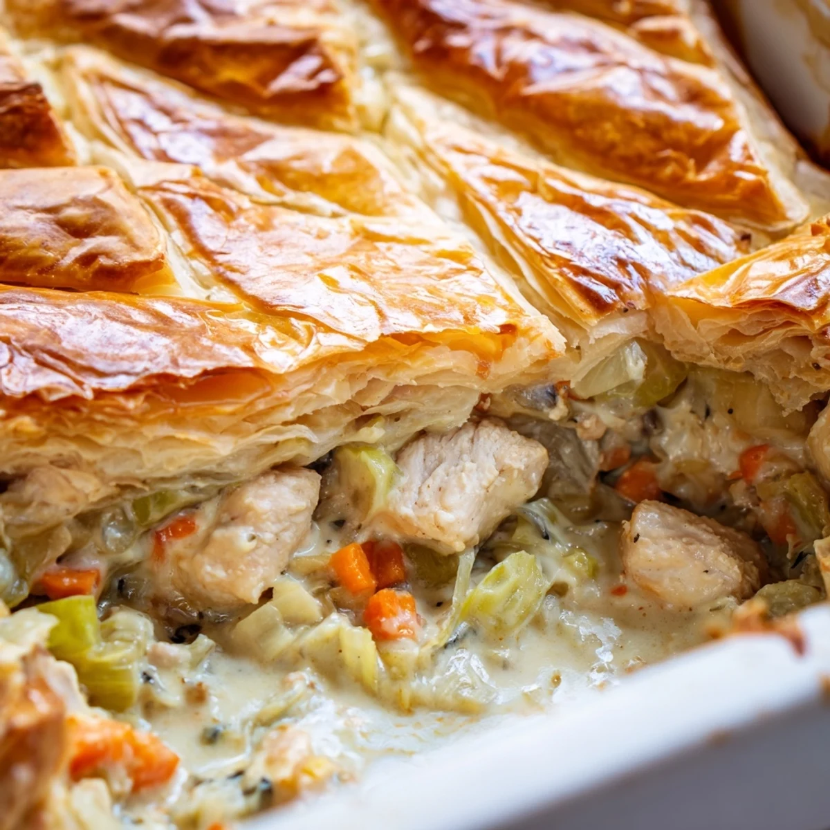 Sliced Savory Chicken and Leek Pie reveals tender chicken pieces and soft leeks swimming in a rich, creamy herb sauce.