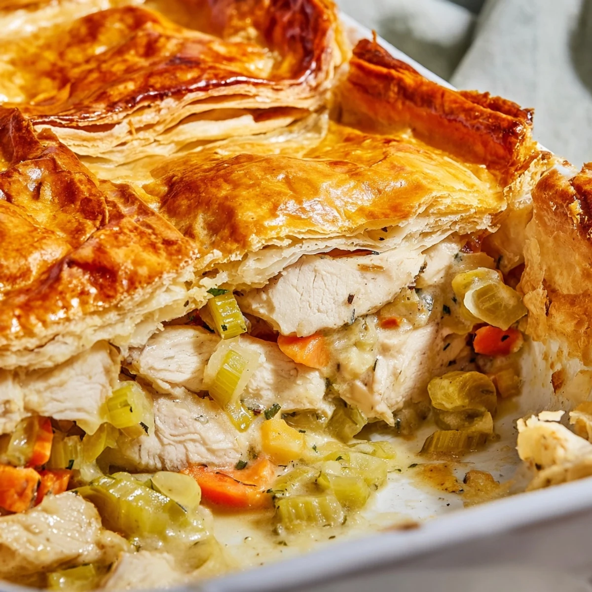 Golden Savory Chicken and Leek Pie cooling on a rustic wooden board, ready to be enjoyed as a cozy family dinner.