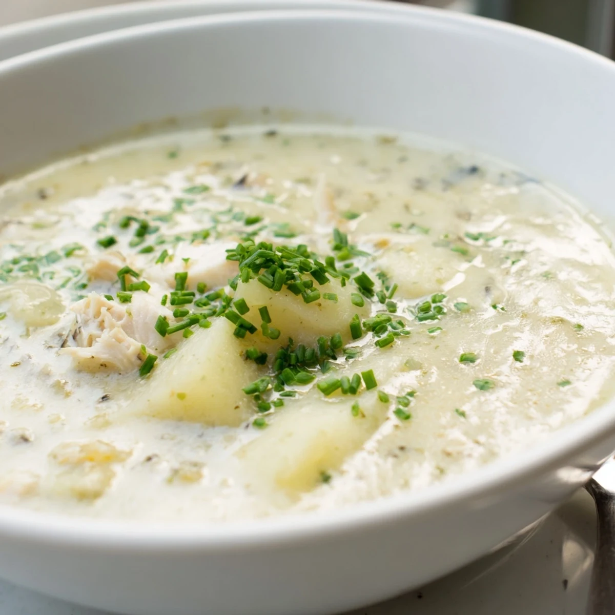 Close-up of Creamy Potato and Smoked Haddock Soup garnished with fresh chives, showcasing tender potatoes in rich broth.