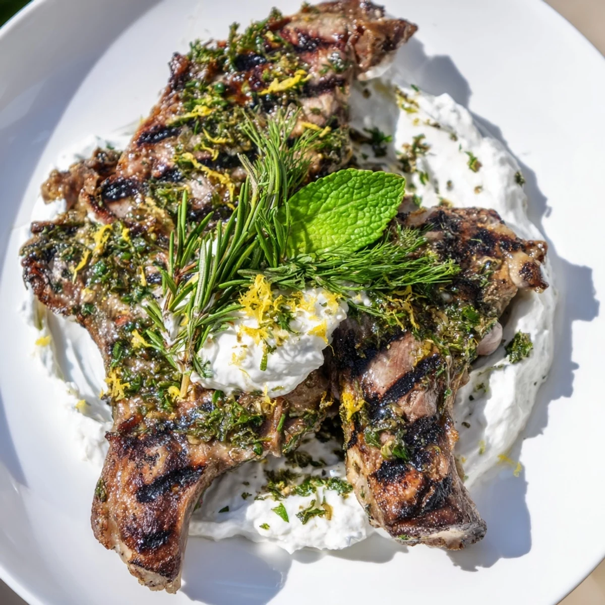 Sizzling grilled lamb cutlets with mint yogurt on a rustic platter, garnished with fresh herbs and lemon wedges.