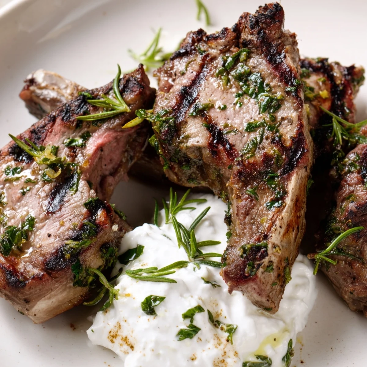 Golden brown lamb cutlets drizzled with mint yogurt, served with lemon wedges and fresh sprigs.