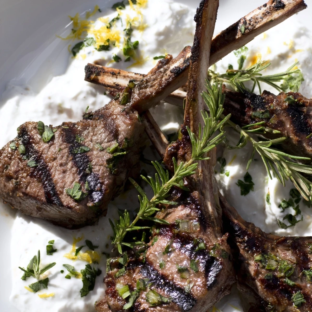 Tender rosemary-grilled lamb cutlets paired with creamy mint yogurt sauce, ideal for a vibrant Mediterranean dinner.