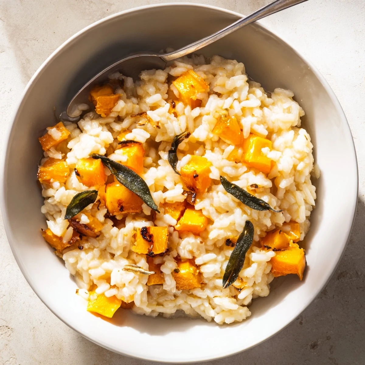 Creamy Butternut Squash Risotto with Crispy Sage served in a rustic white bowl, topped with golden leaves and parmesan.