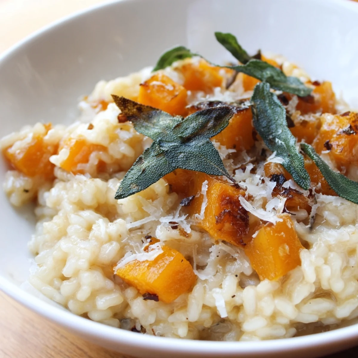 Golden crispy sage leaves garnish a warm bowl of Butternut Squash Risotto, garnished with parmesan cheese and a sprig of sage.