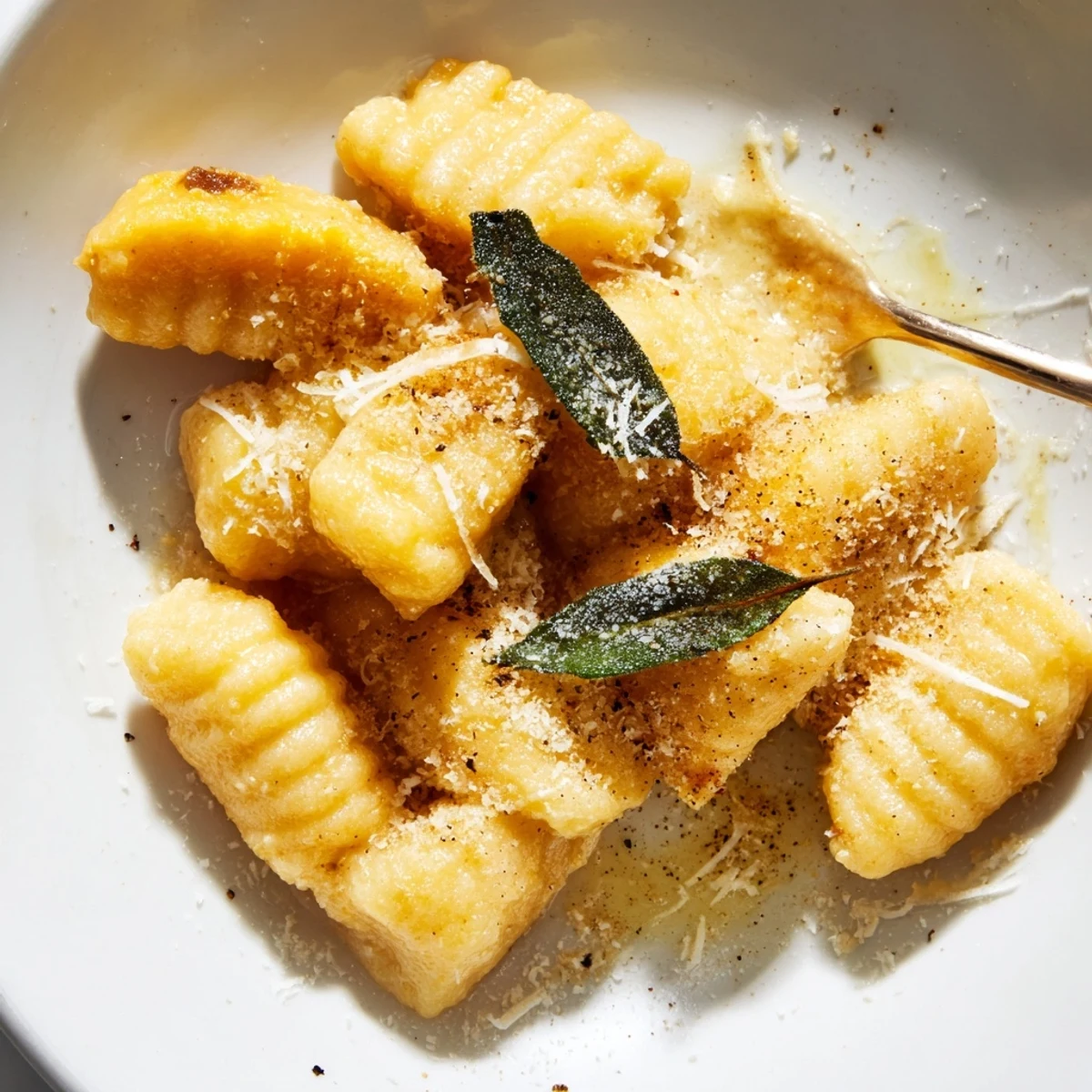 Golden-brown Butternut Squash Gnocchi with Butter and crispy sage leaves resting on a rustic wooden board.