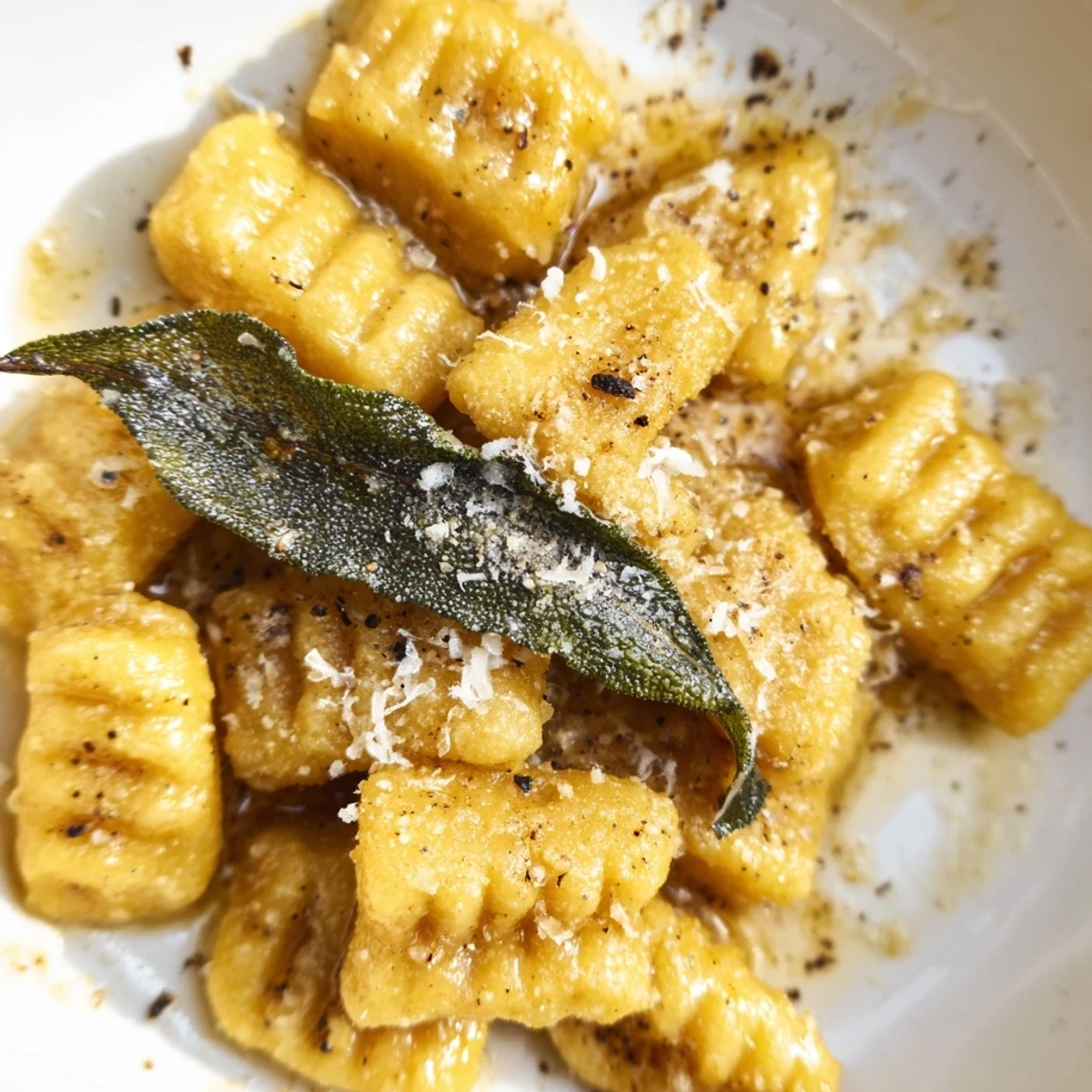 Soft, pillowy Butternut Squash Gnocchi with Butter topped with grated Parmesan, ready to serve for dinner.