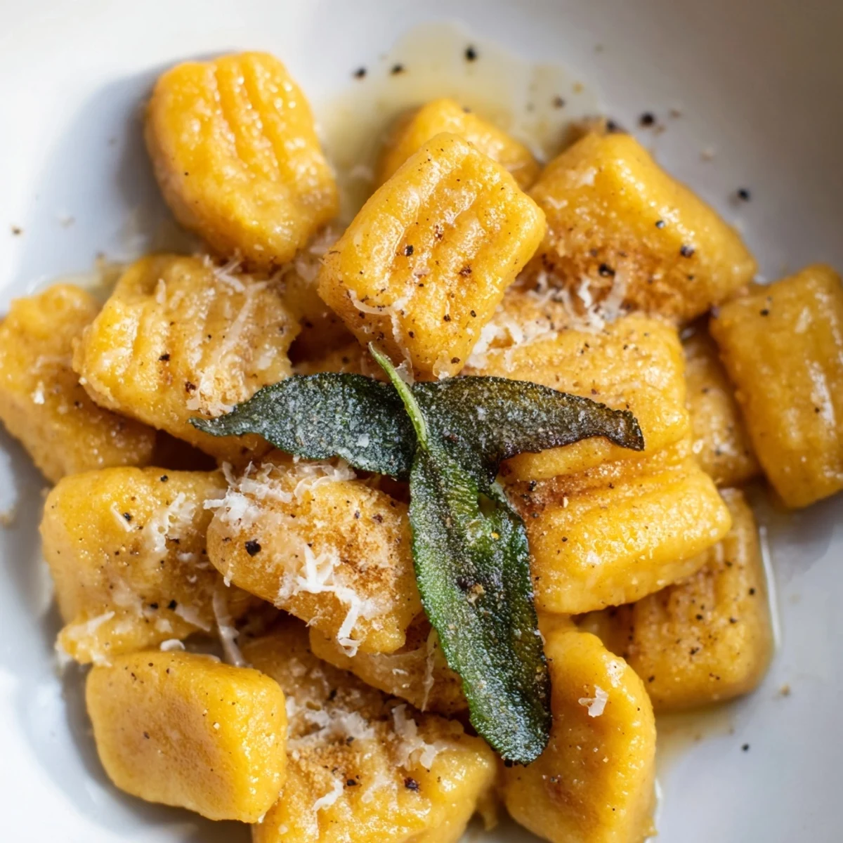 Homemade Butternut Squash Gnocchi with Butter sauce coated in a rich, glossy butter sauce in a skillet.