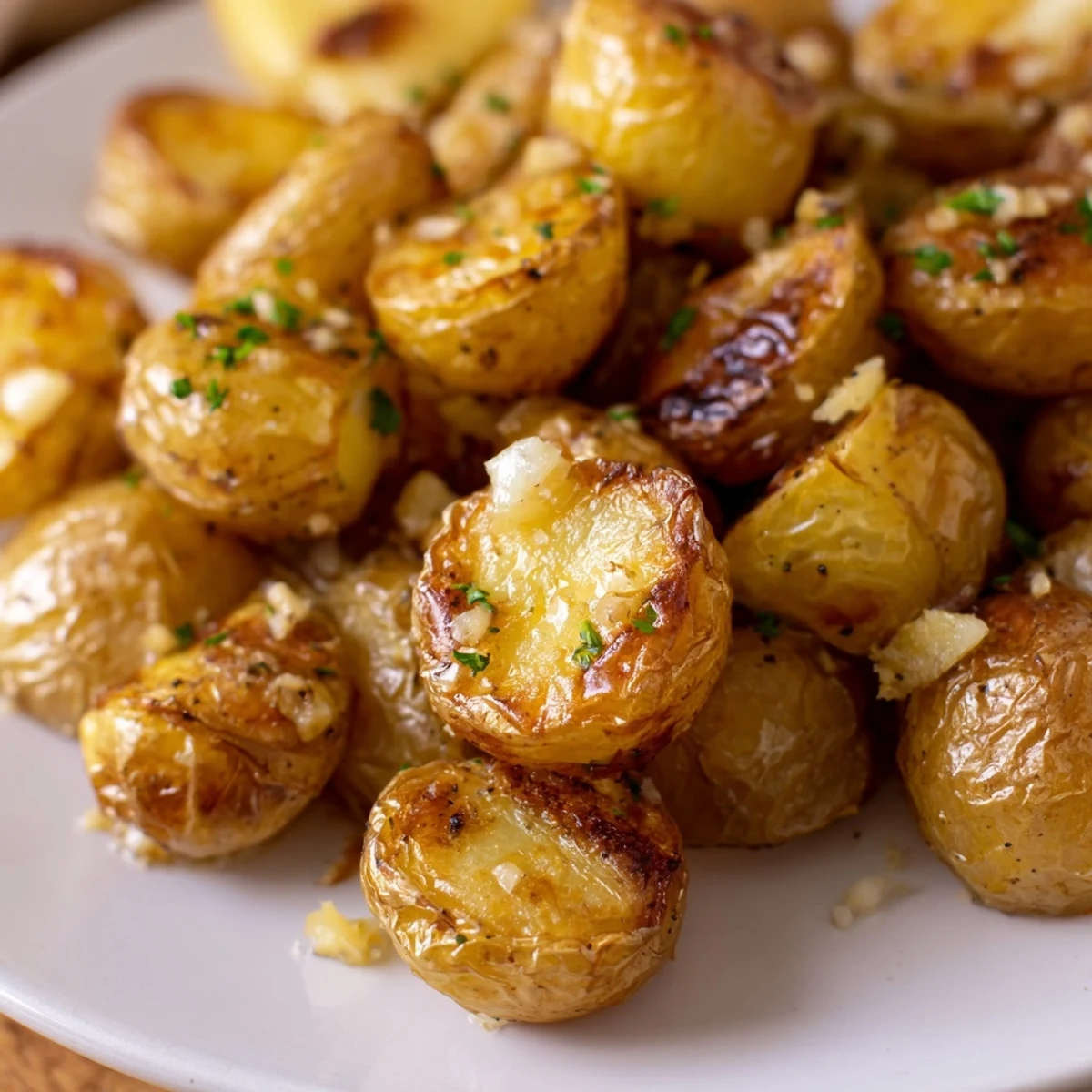 Garlic Herb Roasted Potatoes with Rosemary garnished with fresh parsley on a baking sheet.