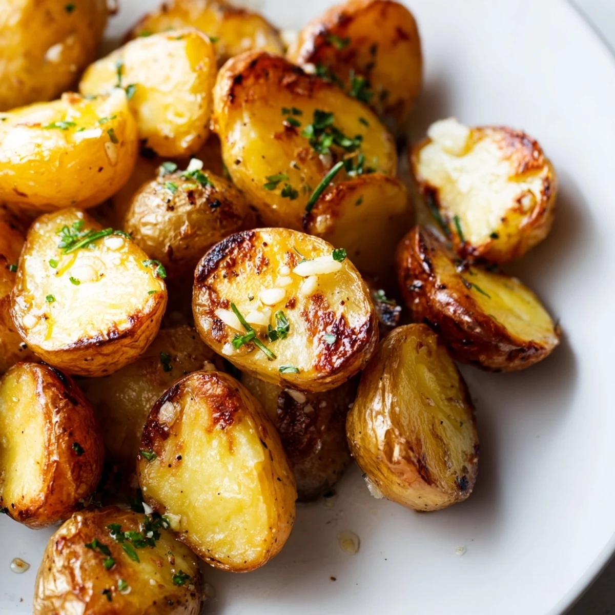 Golden and crispy Garlic Herb Roasted Potatoes with Rosemary straight from the oven.