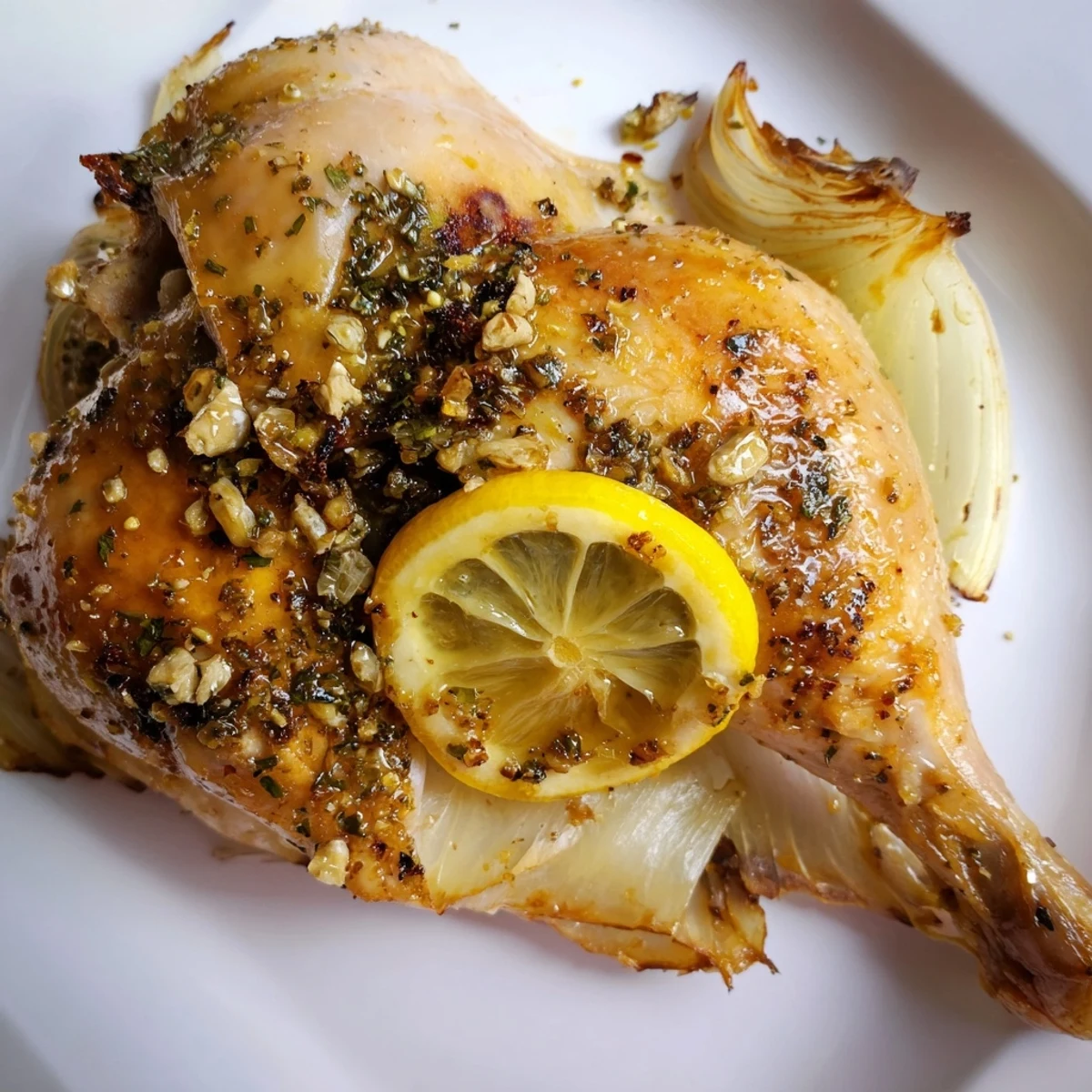 Succulent roasted chicken with lemon and oregano garnished with fresh herbs, ready to carve for dinner.