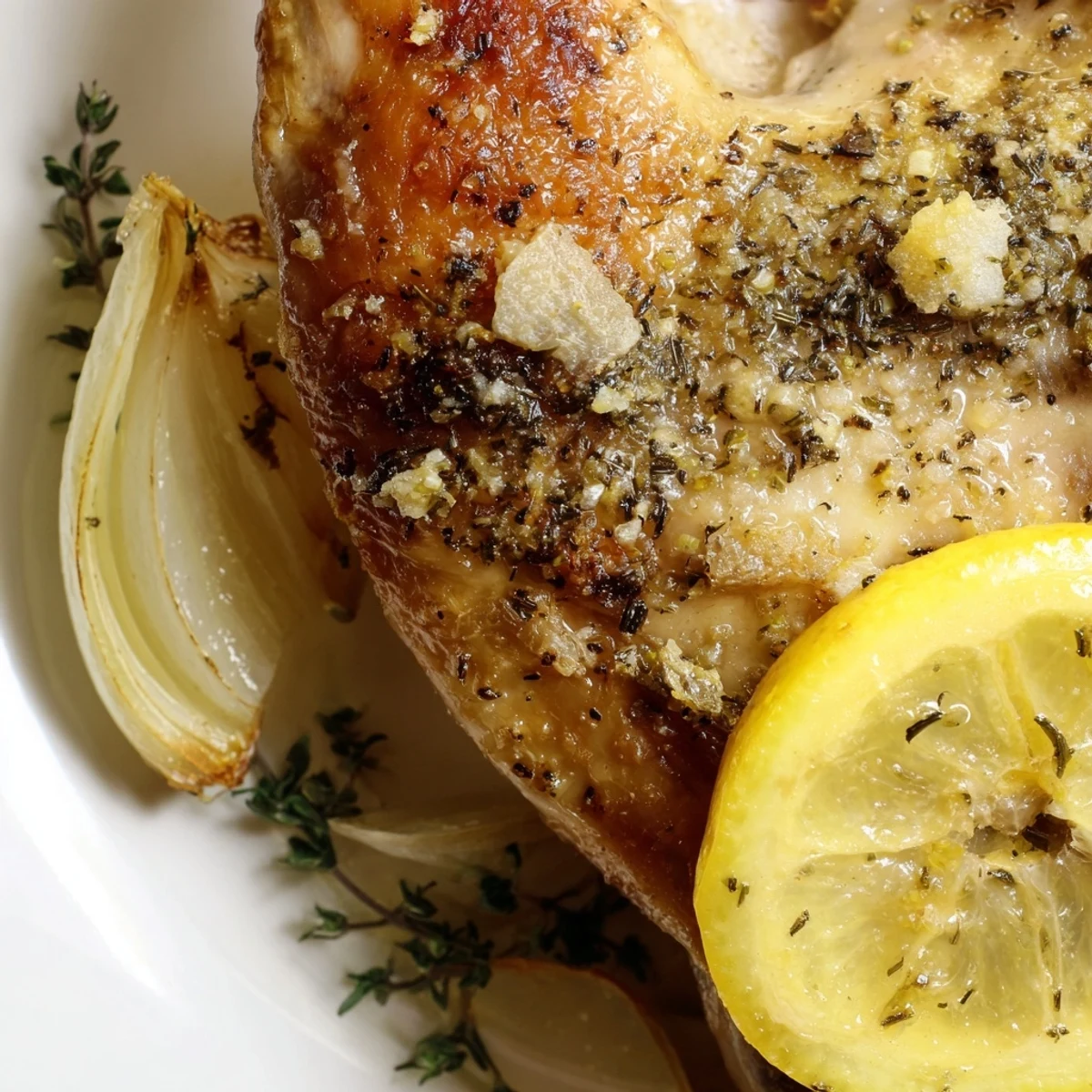 Juicy roasted chicken with lemon and oregano served with roasted potatoes and lemon slices on a tray.