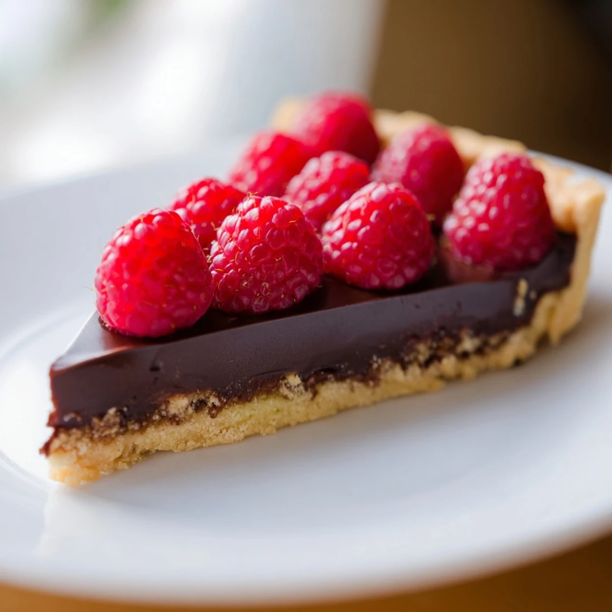 Chocolate Raspberry Tart with Pastry shows a crisp, golden-brown tart shell filled with glossy dark chocolate ganache and topped with vibrant fresh raspberries.