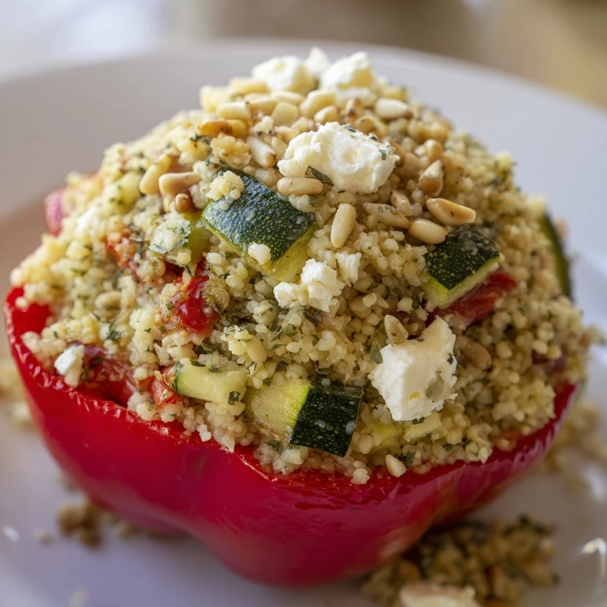 Golden-baked Mediterranean Stuffed Peppers with Couscous are filled with roasted vegetables and crumbled feta cheese.