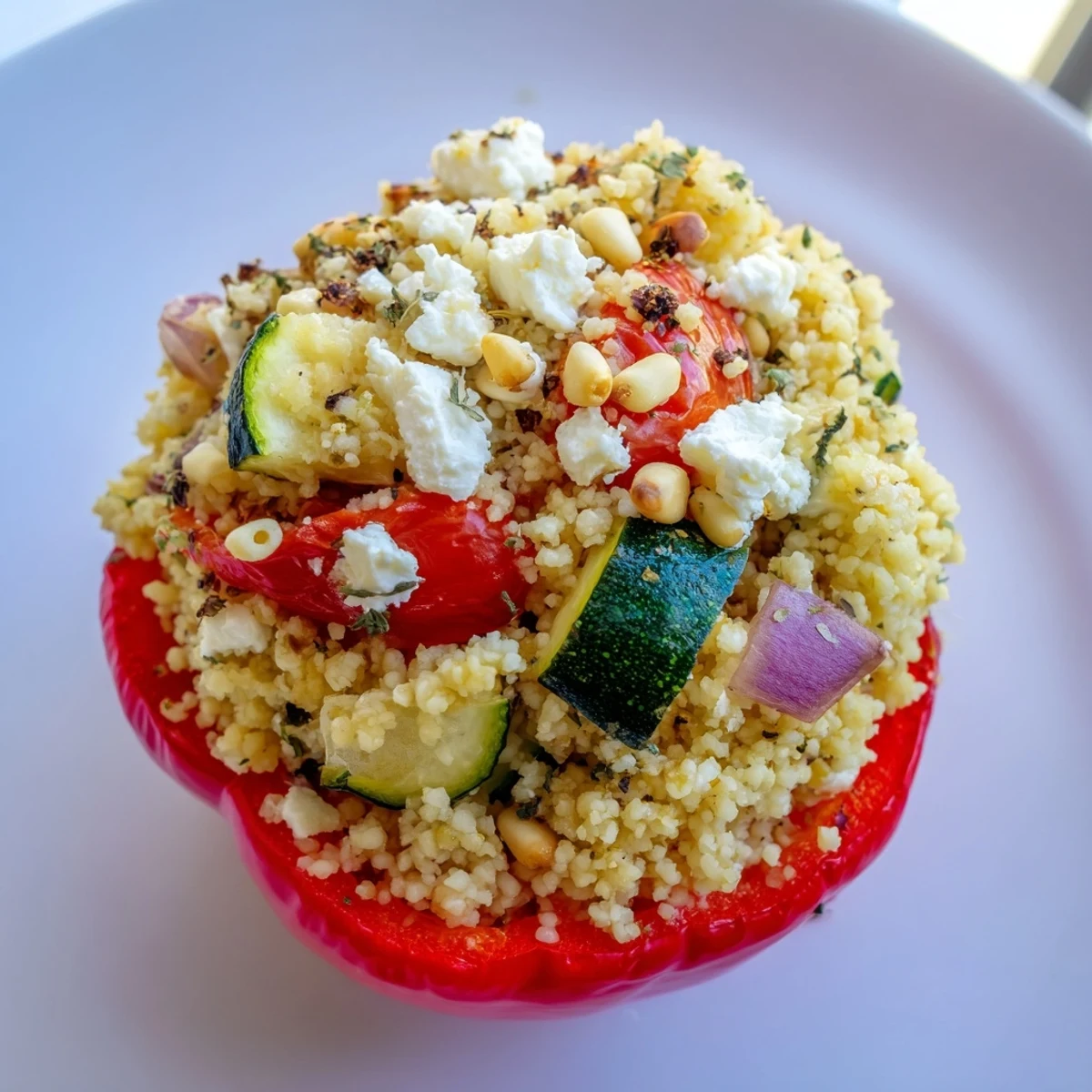 Freshly baked Mediterranean Stuffed Peppers with Couscous feature tender bell peppers and a savory herb garnish.