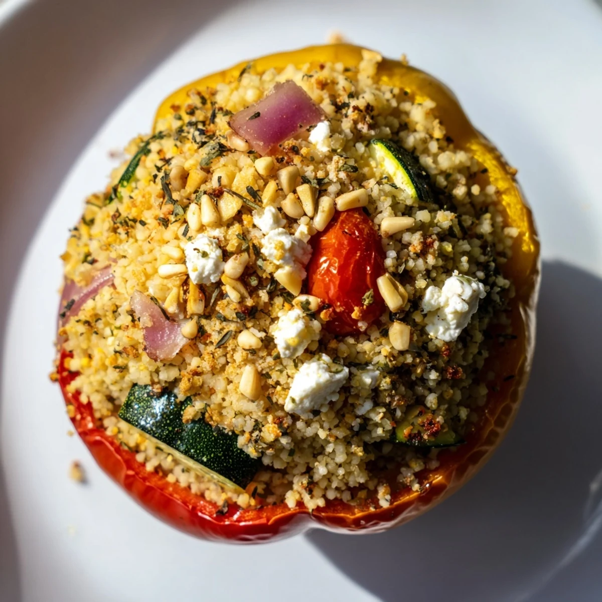 Close-up of Mediterranean Stuffed Peppers with Couscous showing fluffy grain filling and melted feta topping.