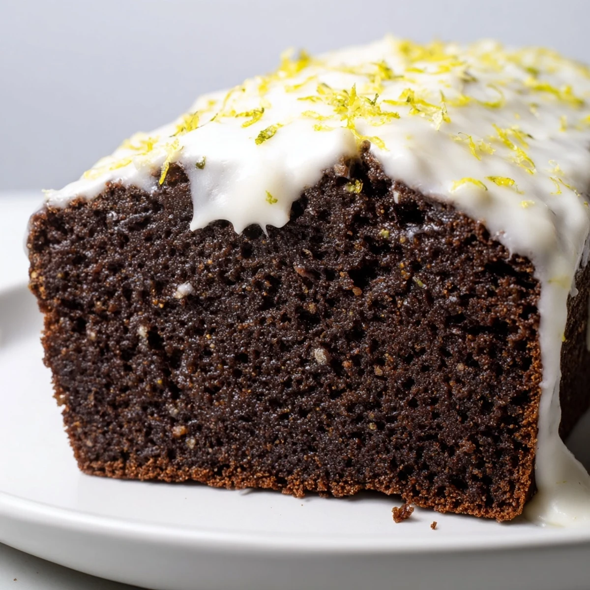 Freshly baked Gingerbread Loaf with Lemon Cream Cheese Glaze, drizzled over golden-brown slices on a rustic wooden board. 