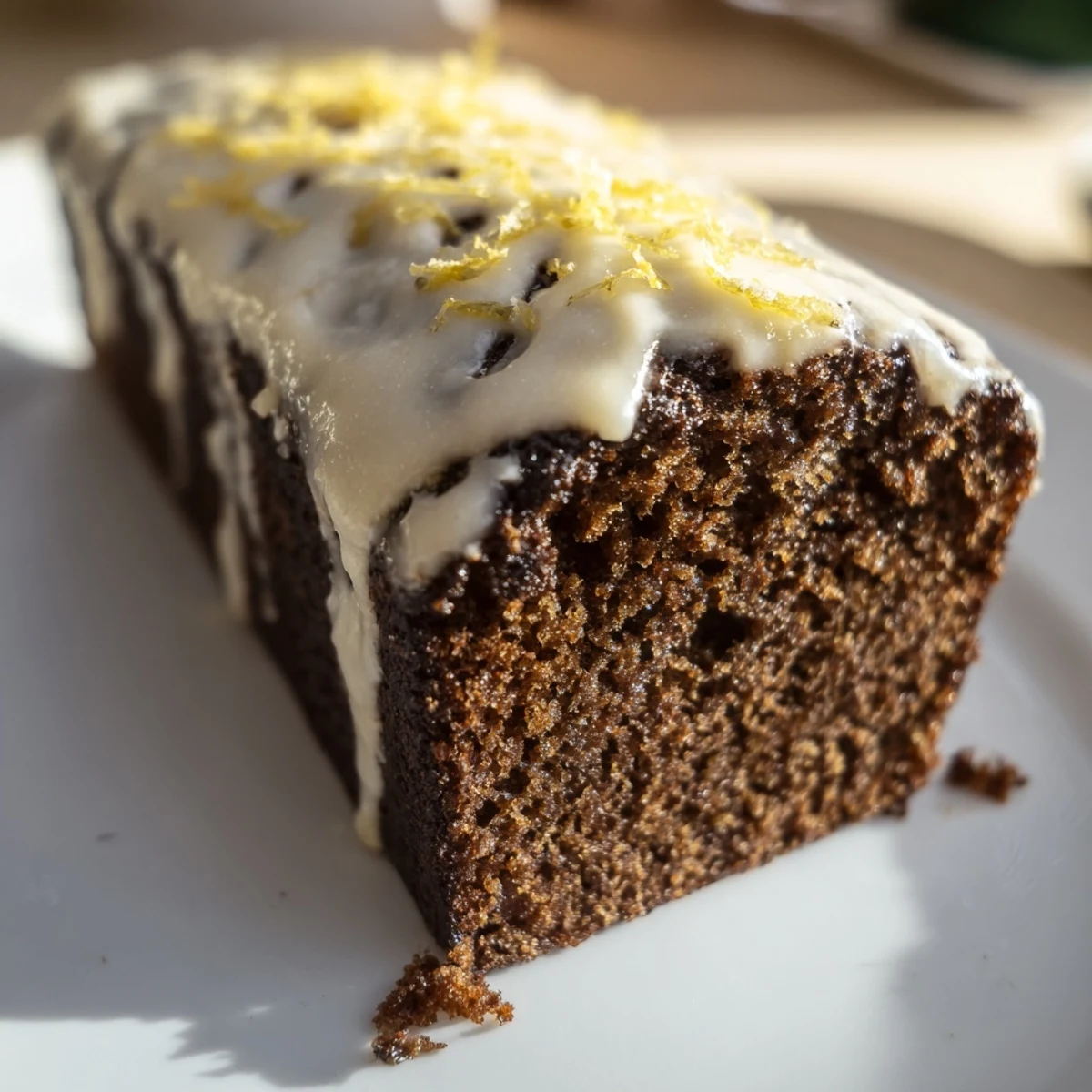 A sliced Gingerbread Loaf with Lemon Cream Cheese Glaze reveals a moist, spiced crumb beside a bowl of creamy glaze. 
