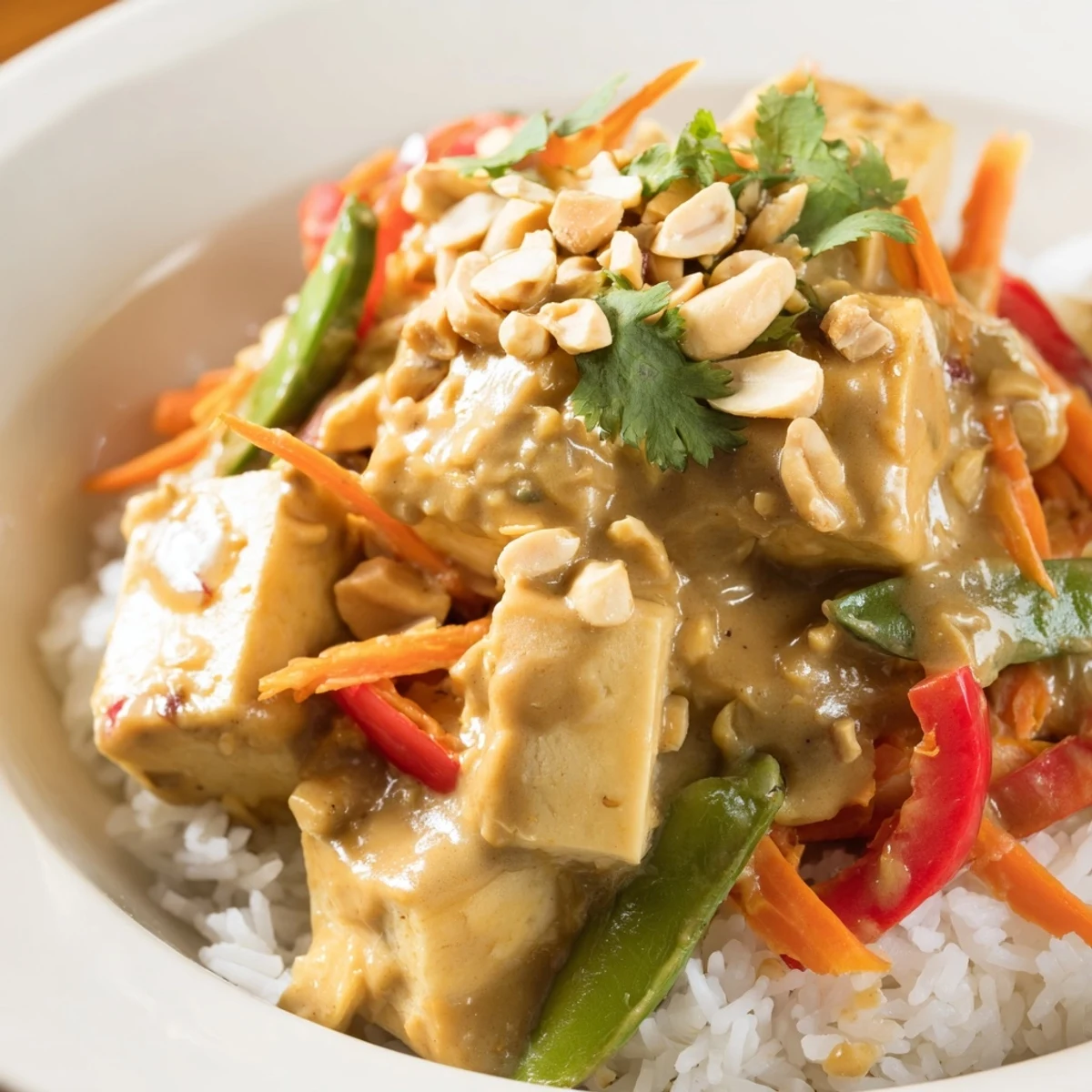 Golden, crispy tofu cubes tossed with colorful veggies and creamy peanut sauce in this Crispy Tofu Stir Fry with Peanut Sauce. Served over fluffy white rice garnished with peanuts and lime.