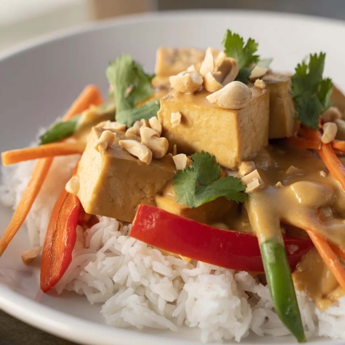 Perfectly plated Crispy Tofu Stir Fry with Peanut Sauce, topped with chopped peanuts and cilantro, ready to be squeezed with fresh lime wedges.