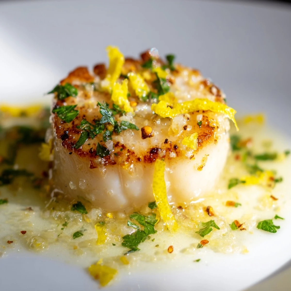 Freshly seared Garlic Butter Scallops with Lemon Zest glisten in a rustic pan, garnished with bright parsley and citrus.