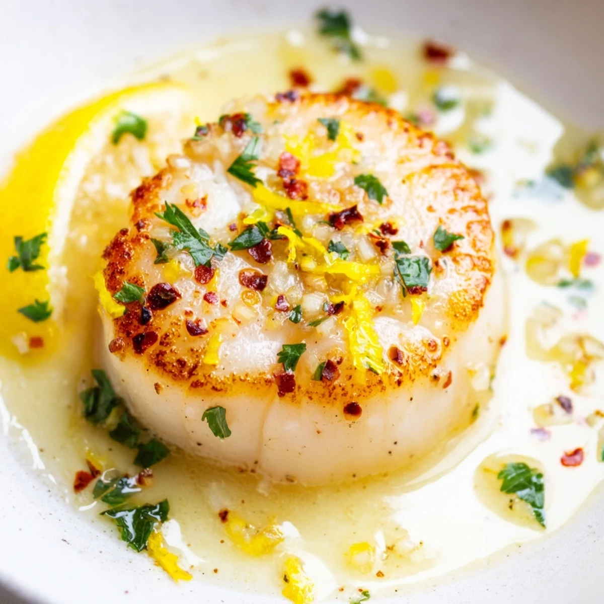 Tender, golden-brown Garlic Butter Scallops with Lemon Zest sit atop creamy risotto, ready for a gourmet weeknight dinner.