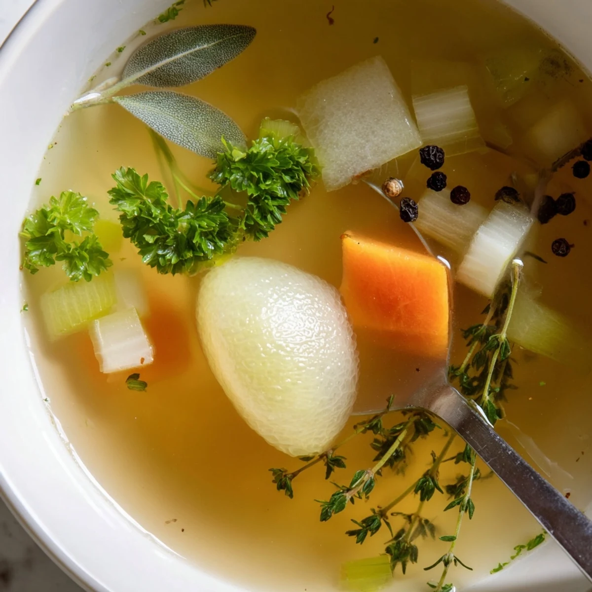 A glass bowl holds golden Homemade Vegetable Broth with Herbs, garnished with fresh parsley and ready for sipping or cooking.